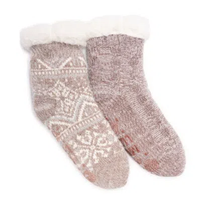 Muk Luks 2 Pair Pack Crew Cabin Chenille Eyelash Knit Mix Slipper Socks In Driftwood