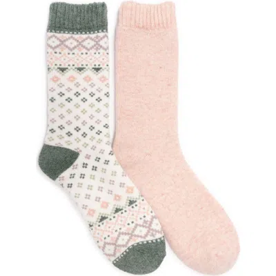 Muk Luks 2 Pair Pack Crew Wool Socks In Sage/blush