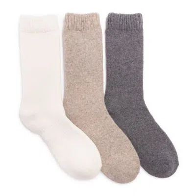 Muk Luks 3 Pair Pack Crew Wool Blend Socks In Ivory/neutral/dk Grey