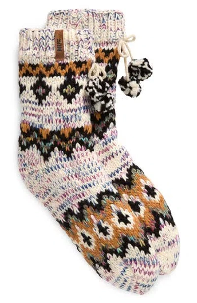 Muk Luks Cottage Faux Fur Lined Crew Socks In Vanilla Multi
