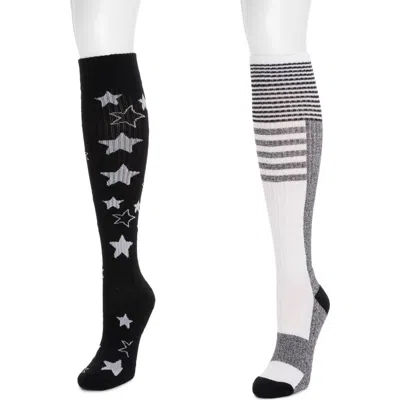 Muk Luks Cotton Compression Knee-high Socks 2 Pair Pack Wide Size In Multi