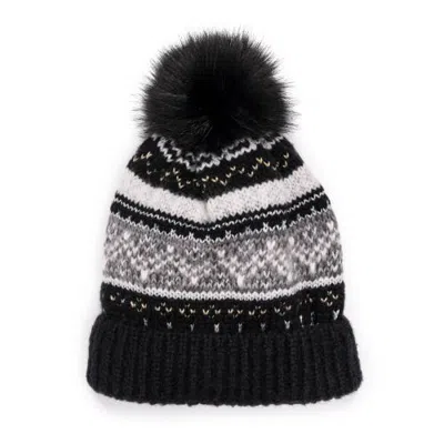 Muk Luks Cuff Knit Beanie With Pom In Black