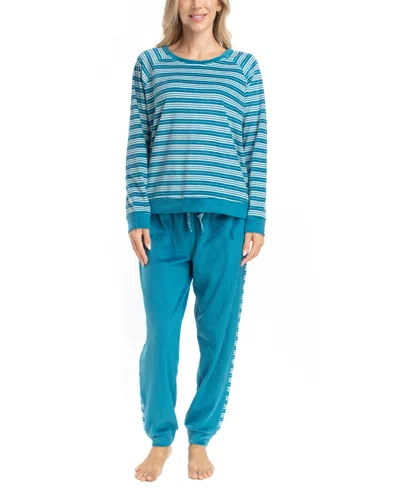 Muk Luks Petite Likely To Lounge Pj Set In Teal Stripe