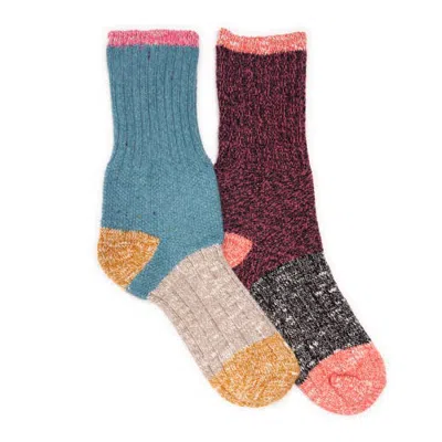 Muk Luks Single Layer Color Block Texture Socks 2 Pack In Teal/pink