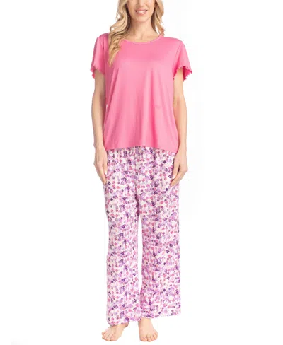Muk Luks Women's Artistic Garden Round Neck Top And Ankle Pants In Pink