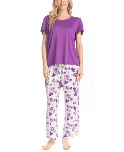 Muk Luks Women's Artistic Garden Round Neck Top And Ankle Pants In Purple