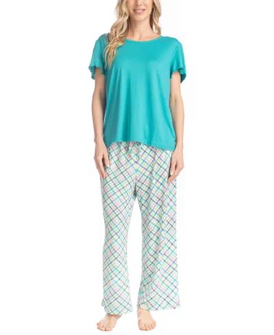 Muk Luks Women's Artistic Garden Round Neck Top And Ankle Pants In Blue