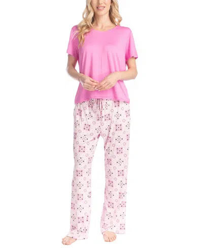 Muk Luks Women's Artistic Garden Round Neck Top And Ankle Pants In Pink