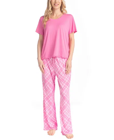 Muk Luks Women's Artistic Garden Round Neck Top And Ankle Pants In Pink