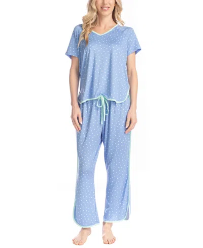 Muk Luks Women's Artistic Garden V-neck Top And Ankle Pants In Blue