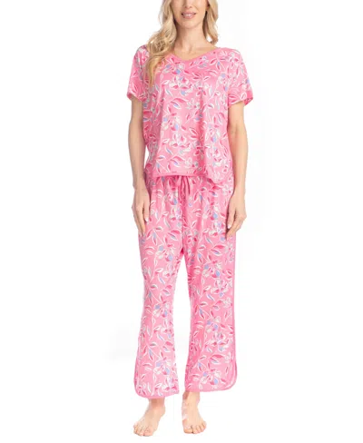 Muk Luks Women's Artistic Garden V-neck Top And Ankle Pants In Pink