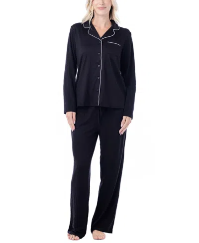 Muk Luks Women's Dream Cloud Long-sleeve Notch-collar 2-piece Pajama Set In Black