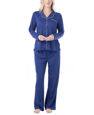 Muk Luks Women's Dream Cloud Long-sleeve Notch-collar 2-piece Pajama Set In Blue