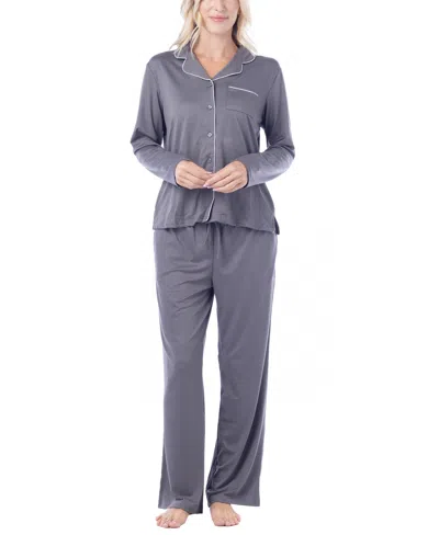 Muk Luks Women's Dream Cloud Long-sleeve Notch-collar 2-piece Pajama Set In Gray
