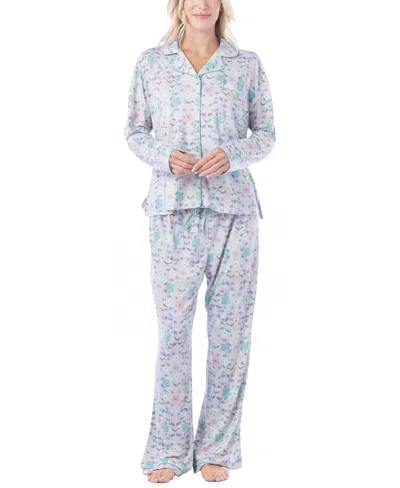 Muk Luks Women's Notch-collar Long-sleeve Print Pajama Set In Bird Floral