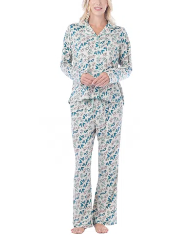 Muk Luks Women's Notch-collar Long-sleeve Print Pajama Set In Little Leaves