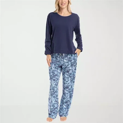 Muk Luks Womens Crew Neck Long Sleeve 2-pc. Pajama Set In Blue