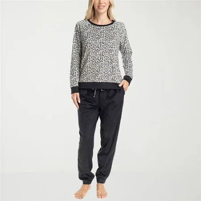 Muk Luks Womens Microfleece Crew Neck Long Sleeve 2-pc. Pajama Set In Black