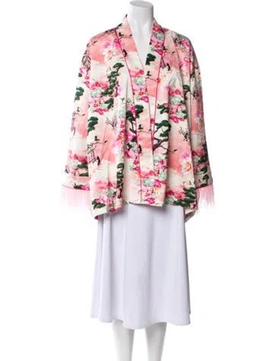 Pre-owned Mukzin Printed Feather Trim Robe W/ Tags In Pink