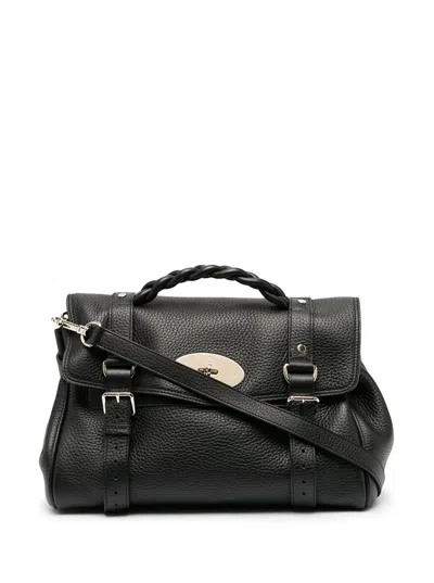 Mulberry Alexa Black Handbag With Adjustable And Removable Shoulder Strap And Magnetic Closure In Granied Lea