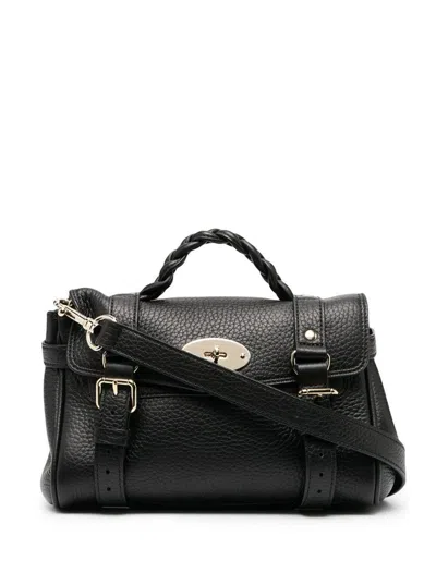 Mulberry 'alexa' Black Mini Handbag With Adjustable And Removable Shoulder Strap And Braided Handle In Graine