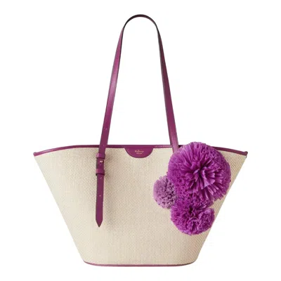 Mulberry Basket Tote Orchid Bloom Raffia & Pom Poms In Multi