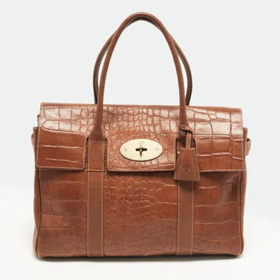 Pre-owned Mulberry Bayswater Brown Croc Embossed Leather Satchel