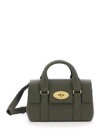 Mulberry Bayswater Mini Grained Leather Handbag With Clasp Closure And Gold Hardware In Green