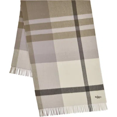 Mulberry Check Merino Wool Scarf In Eggshell/olive