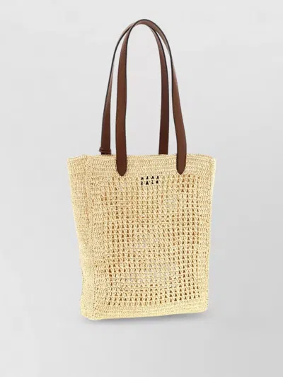 Mulberry Crochet Beach Tote Bag Leather Handles In Brown