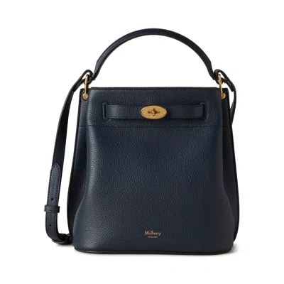 Mulberry Small Islington Black Bucket Bag With Twist Lock Closure In Hammered Leather In Blue