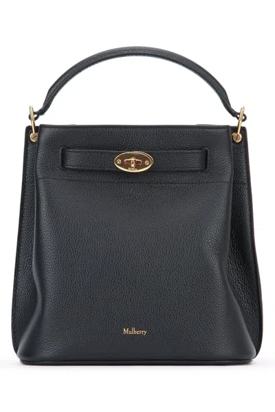 Mulberry Small Islington Black Bucket Bag With Twist Lock Closure In Hammered Leather In Blue