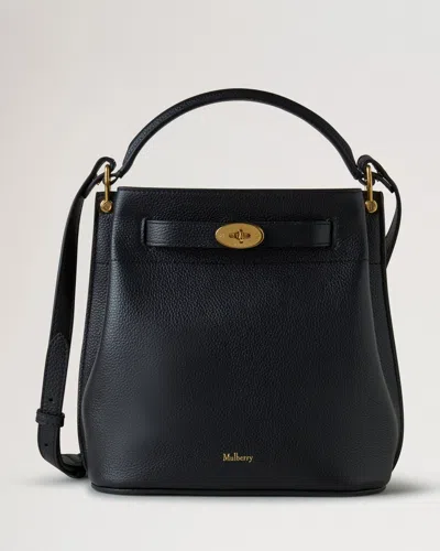 Mulberry Small Islington Black Bucket Bag With Twist Lock Closure In Hammered Leather In Blue