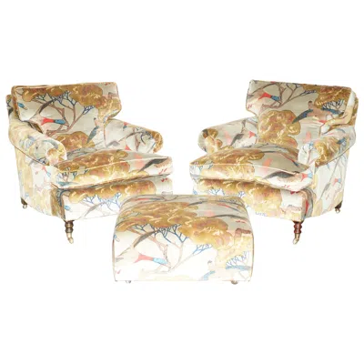 Pre-owned Mulberry New Pair Of George Smith Flying Ducks Armchairs & Ottoman Footstool In Brown