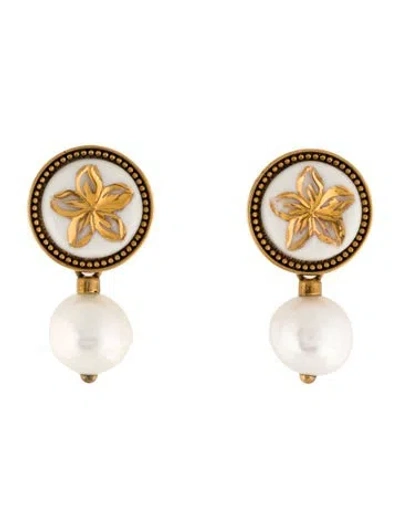 Pre-owned Mulberry Pearl, Resin & Enamel Flower Drop Earrings In Multicolor