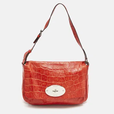 Pre-owned Mulberry Red Croc Embossed Leather Bayswater Flap Shoulder Bag
