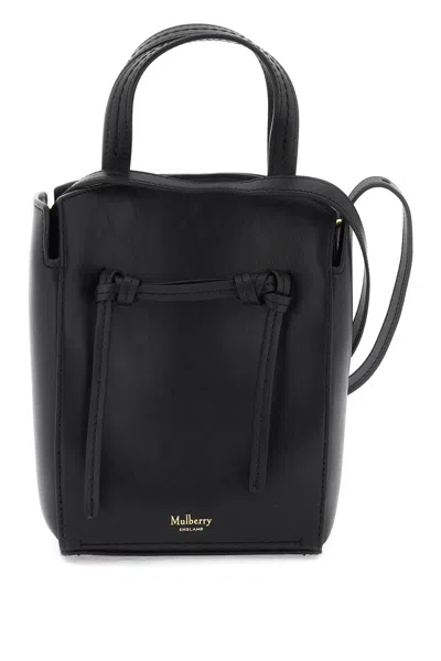 Mulberry Refined Leather Mini Tote Handbag With Decorative Knots And Golden Logo In Black