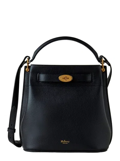 Mulberry Small Islington Black Bucket Bag With Twist Lock Closure In Hammered Leather Woman