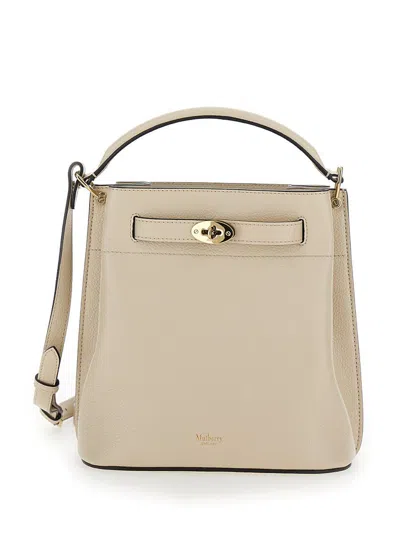 Mulberry 'small Islington' White Bucket Bag With Twist Lock Closure In Grey