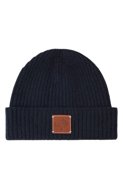 Mulberry Solid Textured Rib Lambswool Beanie In Night Sky