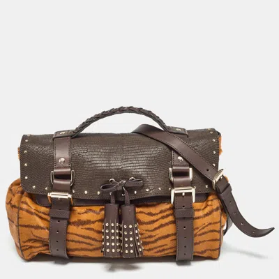 Pre-owned Mulberry Two Tone Brown Tiger Print/lizard Embossed Calf Hair And Leather Studded Tassel Alexa Satchel