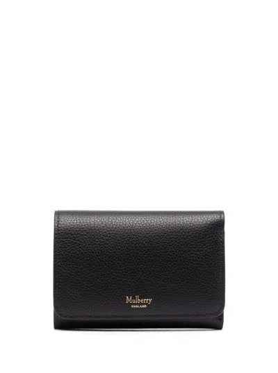 Mulberry Wallet With Logo And Button Fastening In Grained Leather In Black