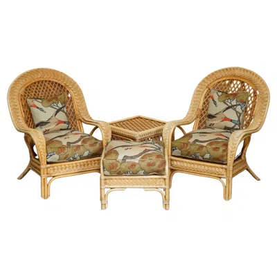 Pre-owned Mulberry Wicker Armchairs Stool Table Suite Upholstered With  Flying Ducks Fabric In Purple