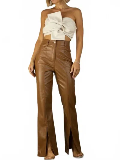 Mulla Faux Leather Front Slit Flare Pants In Brown