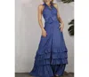 Mulla Halter Neck Ruffle Dress In Denim Blue In Multi