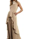 Mulla Michelle Hi-low Hem High-neck Top & Pleated Pant Set In Taupe In Grey