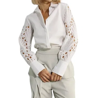 Mulla Ms. Alice Lace Sleeve Button Down Blouse In White