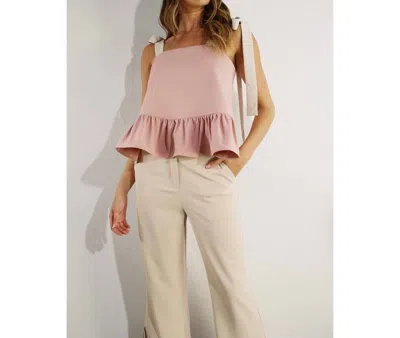 Mulla Ruffle Crop Top In Pink With White Tie Sleeve