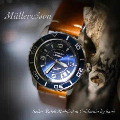 Pre-owned Müller&son Watch "blue Mod 1" From Seiko Snzh Fifty Five Fathoms + Horween Strap