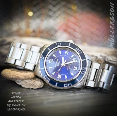 Pre-owned Müller&son Watch "blue Mod 2" Made From Seiko Snzh53 Fifty Five Fathoms+bracelet